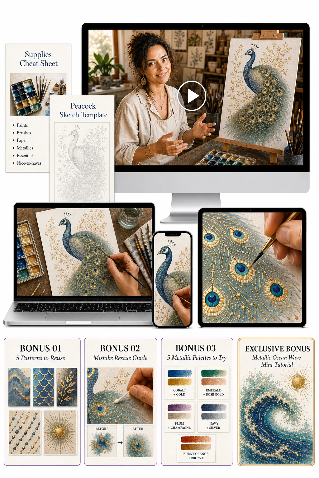 Complete course package with bonuses: video tutorials, materials checklist, 4 bonuses, mobile access, lifetime access