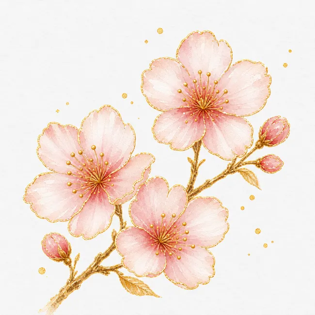 Pink metallic watercolor cherry blossoms with readable gold details