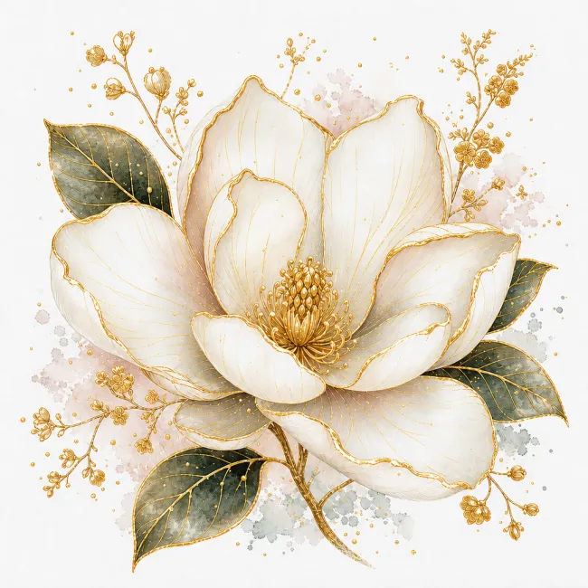Soft metallic watercolor magnolia with luminous gold details