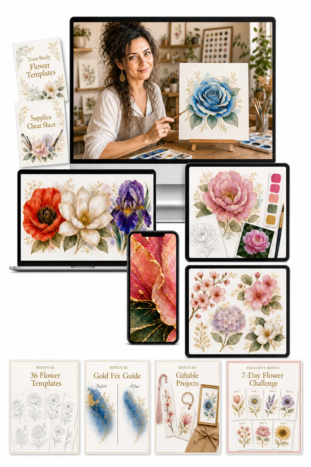 Complete workshop package with bonuses: video tutorials, materials checklist, 4 bonuses, mobile access, lifetime access