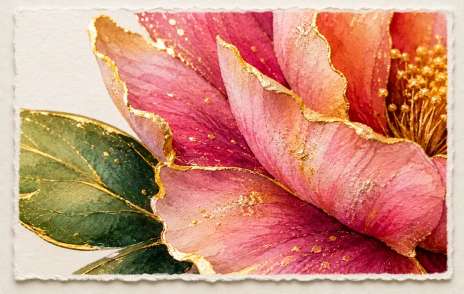 Close-up of metallic gold shimmer on watercolor flower details
