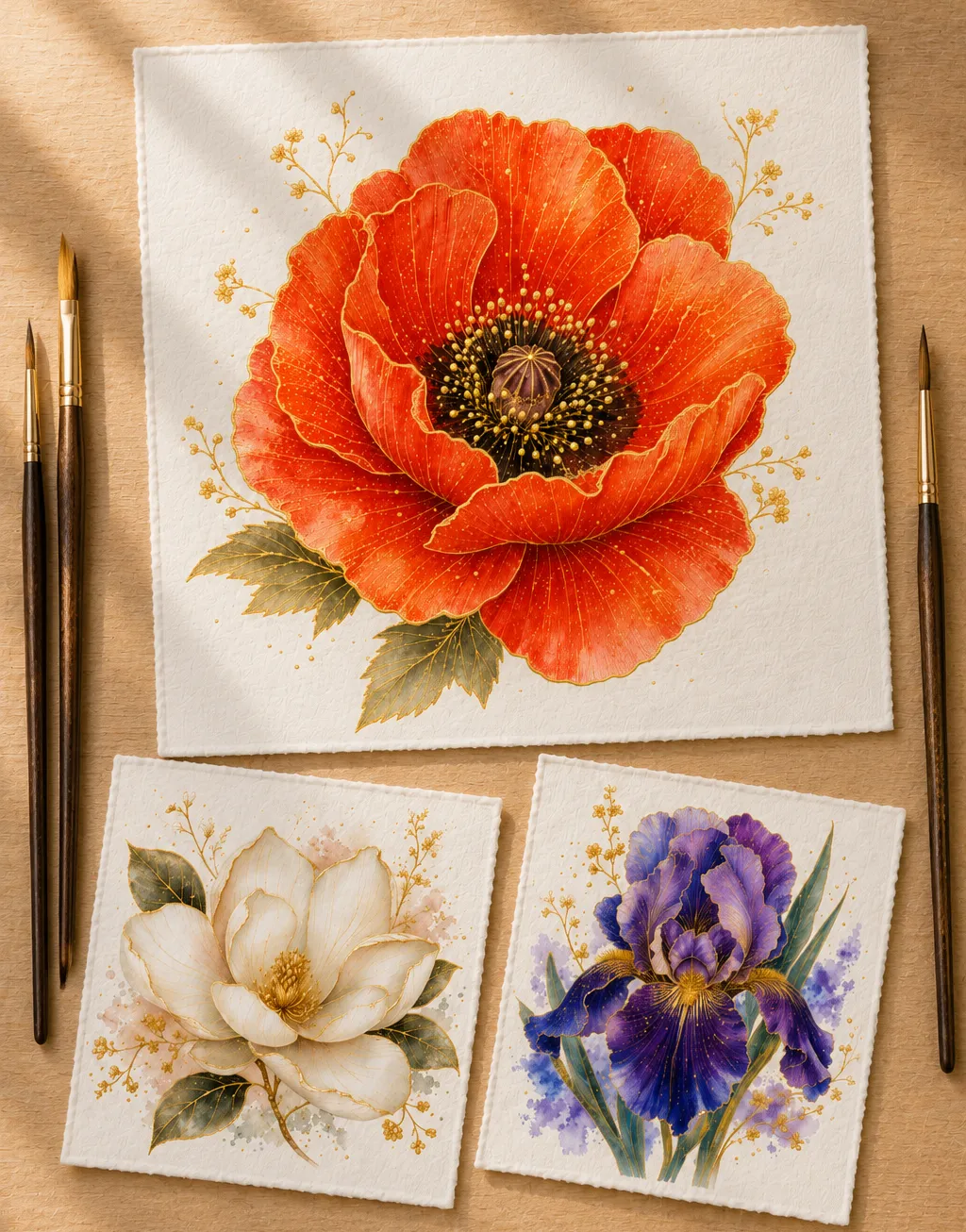 Module 4: Metallic watercolor poppy iris and lily petals