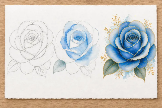 Three-step floral painting process on watercolor paper from simple sketch to watercolor wash to finished metallic gold details