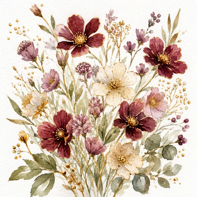 Metallic watercolor wildflower details with gold accents