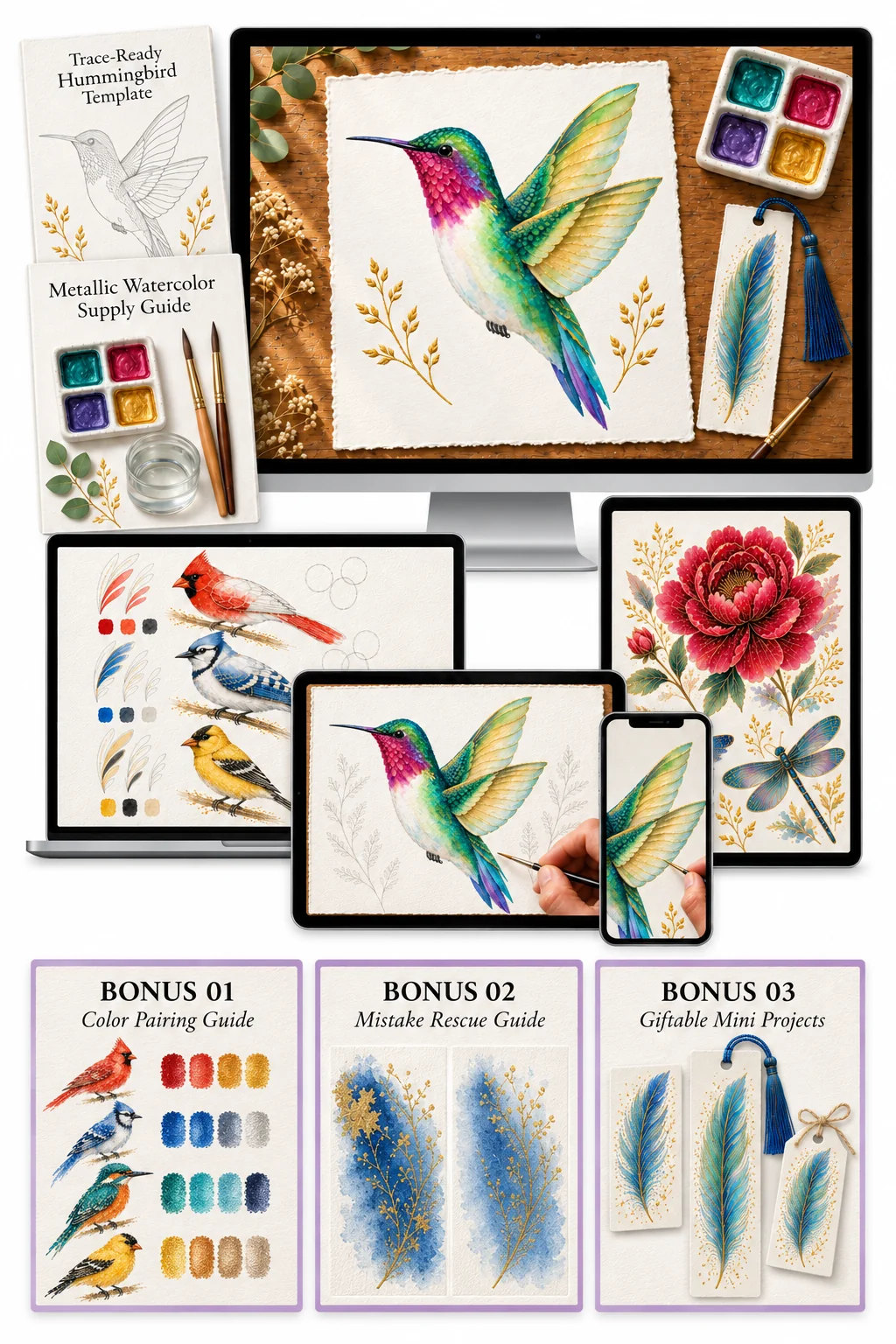Complete workshop package with bonuses: video tutorials, materials checklist, 3 bonuses, mobile access, lifetime access