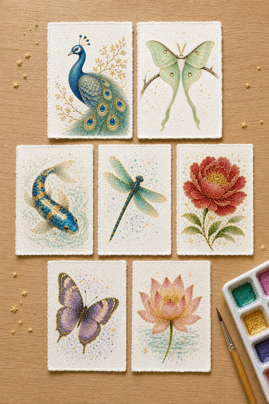 Exclusive Bonus: Seven small metallic watercolor paintings using the workshop technique on different subjects