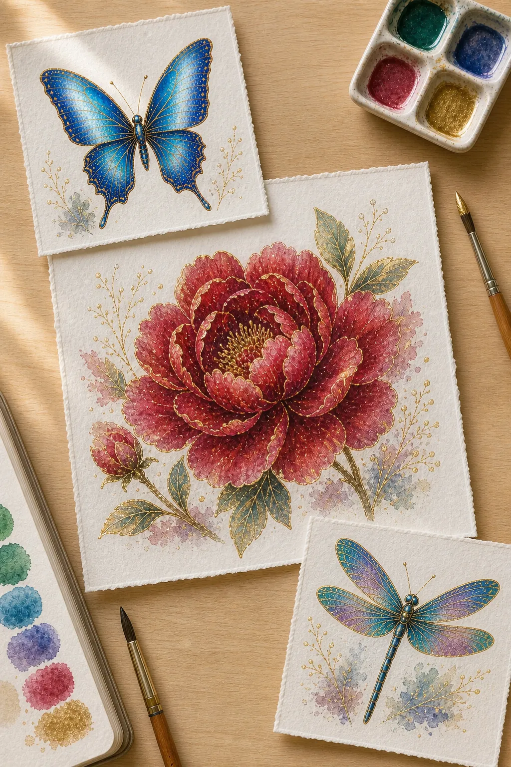 Module 7: Taking the metallic watercolor style beyond birds with a red peony and butterfly studies