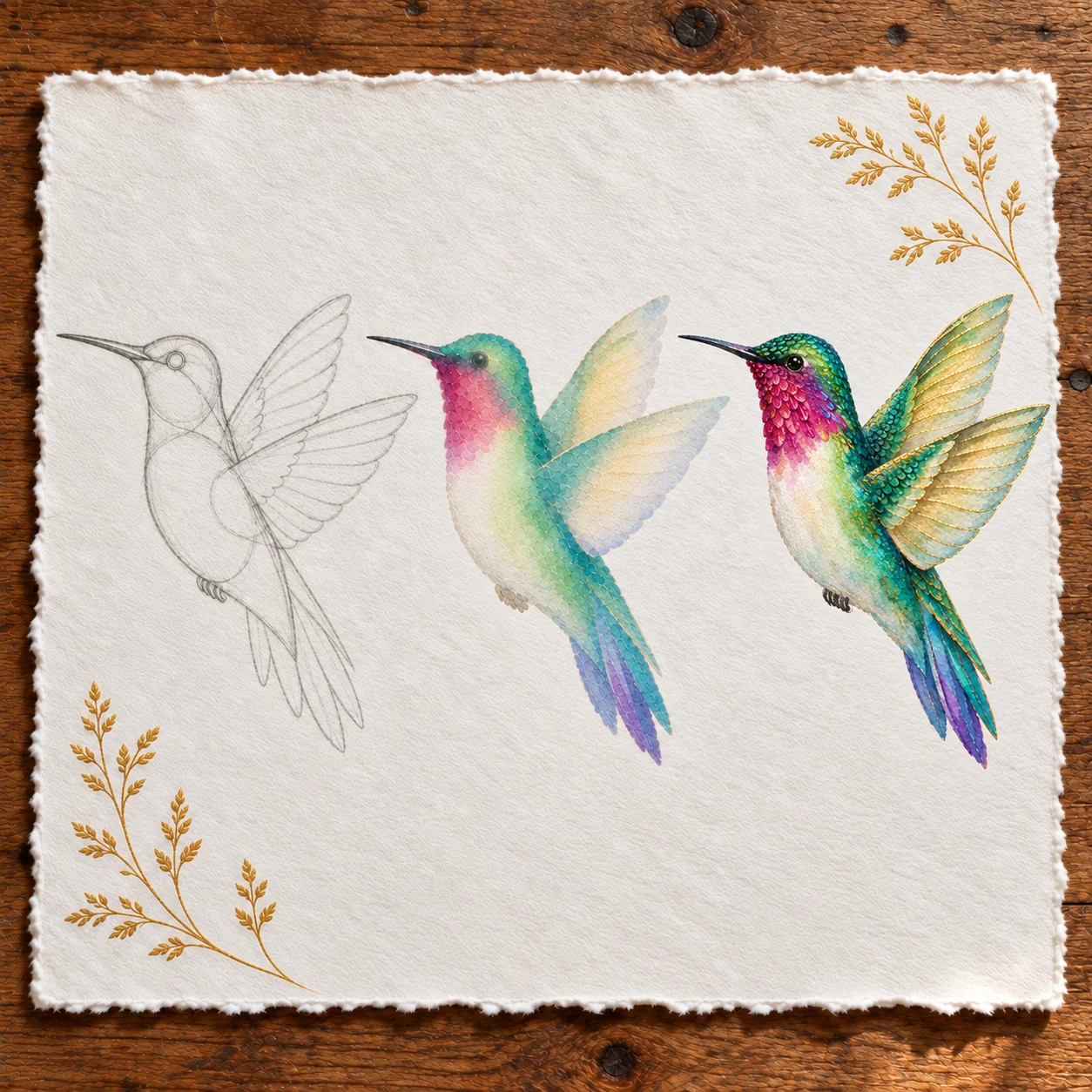 Three-step hummingbird process from simple sketch to watercolor wash to finished metallic details