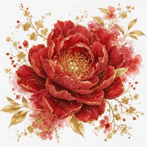 Metallic watercolor red peony