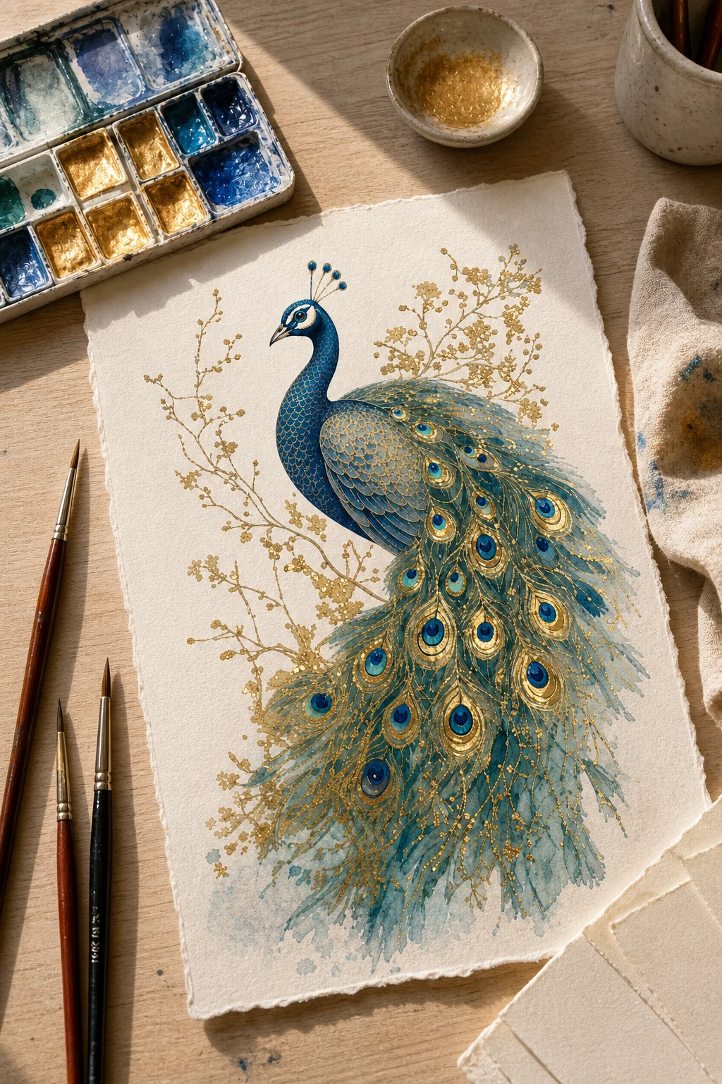 Metallic watercolor peacock with materials flatlay